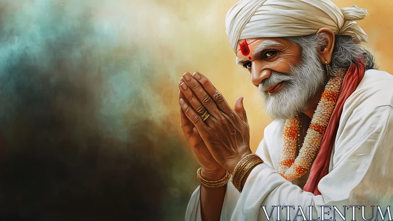 Elderly sage in detailed devotional pose, high-fidelity render.