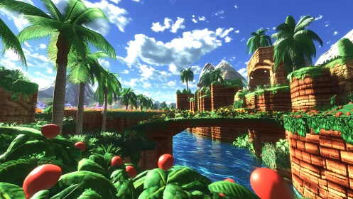 Tropical Paradise with Red Fruit and Brick Architecture.