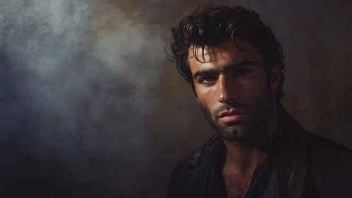 Low-key cinematic male portrait in dramatic chiaroscuro lighting.