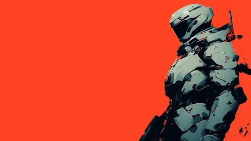 Armored sci fi soldier stands against stark red void