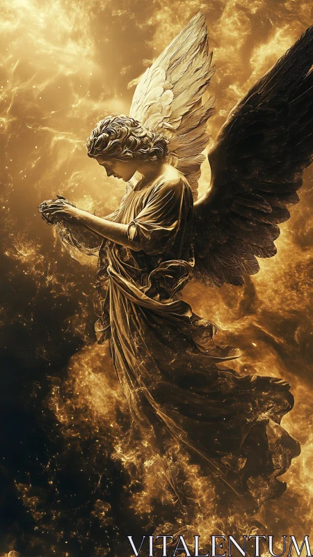 Golden winged angel descends through swirling celestial fire