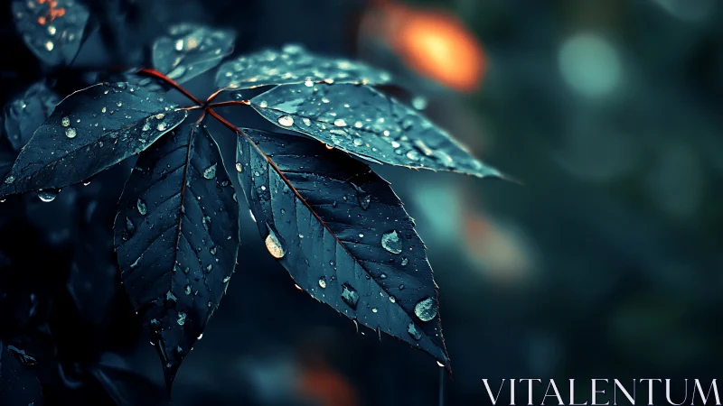 Macro study of rain-soaked compound leaves with cool bokeh lighting