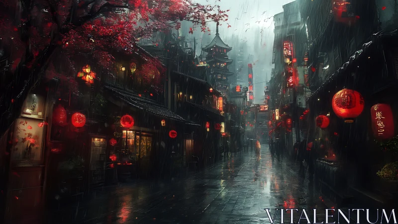Rain-soaked alleyway shows lantern-lit traditional buildings