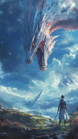 Skyborne ice dragon confronting lone swordsman on ridge