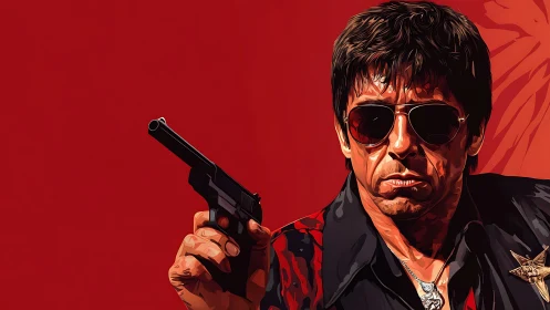 Tough man in sunglasses aiming pistol on red backdrop.