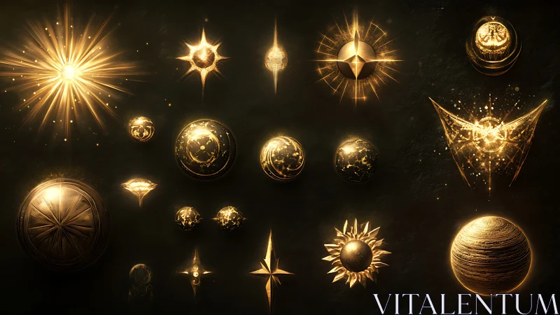 Celestial golden emblems glow against a mystical dark void