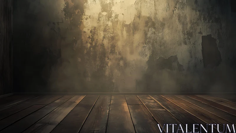 Empty Grunge Room with Aged Wooden Floor and Distressed Wall.