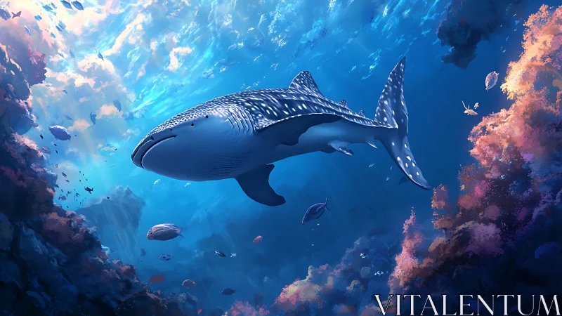 Majestic whale shark gliding through luminous coral realm.