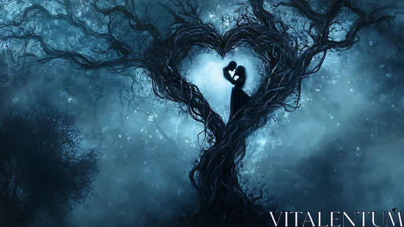 Two figures embrace within gnarled heart-shaped tree silhouette