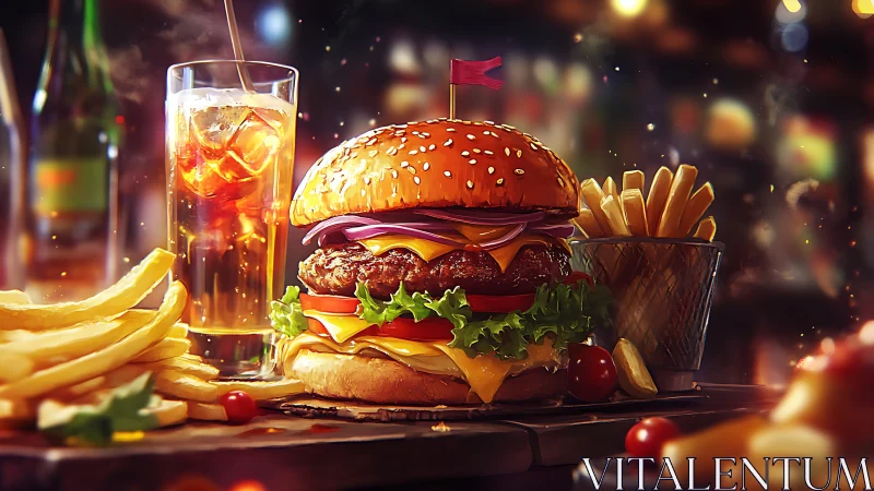 Rendered cheeseburger meal is arranged on a wooden surface