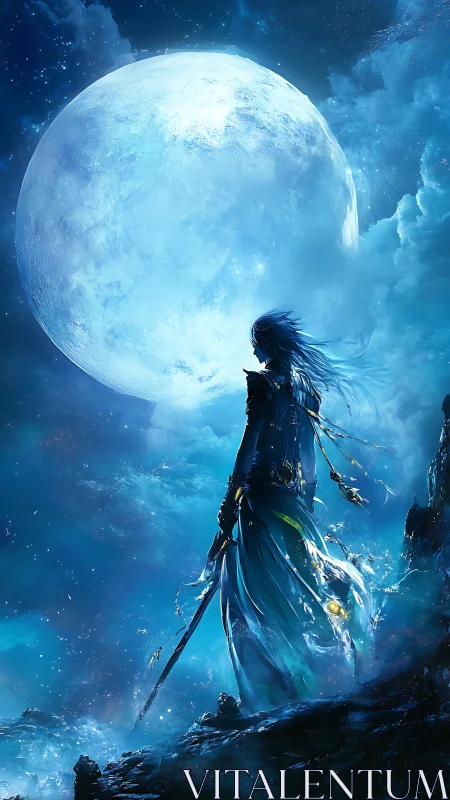 Moonlit warrior silhouette under colossal luminous moon.