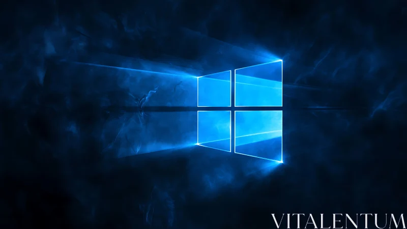 Glowing blue window logo radiates through dark digital fog