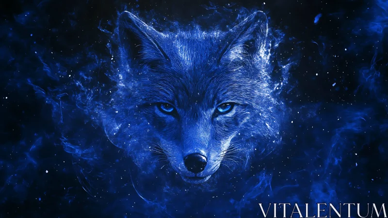 High-contrast blue wolf portrait rendered in luminous particulate haze