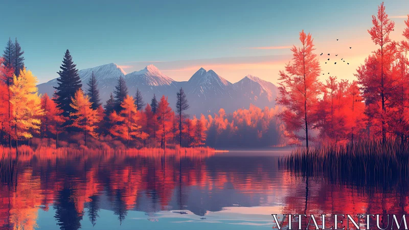 Autumnal alpine lake with saturated chromatic reflections.