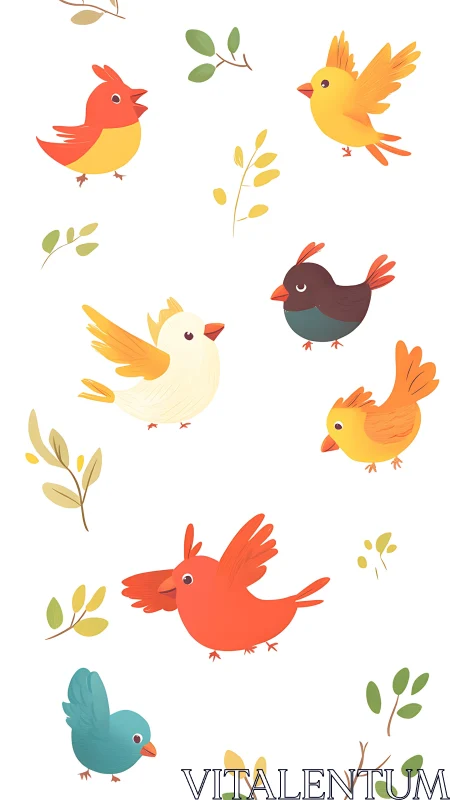 Colorful Birds and Botanical Elements Illustration