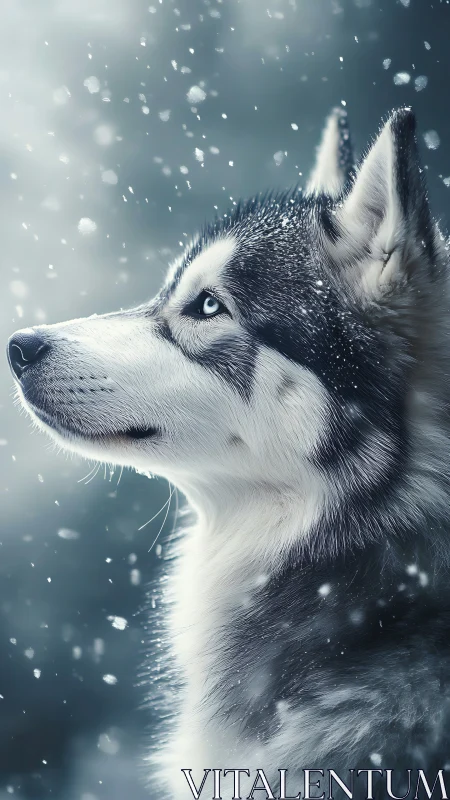 Snow-watching husky with glacier eyes in quiet stormlight.