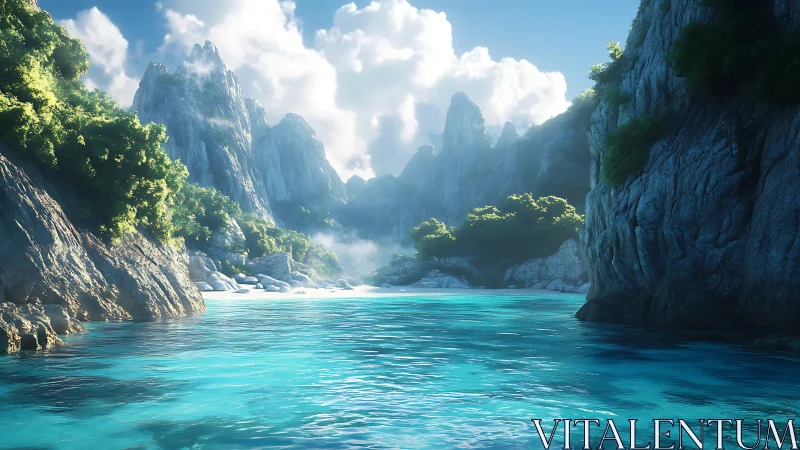 Limestone canyon with turquoise lagoon and vegetation