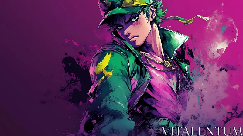 Bold anime hero stands strong in vivid swirling colors