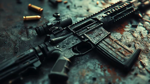 Rifle with scope and ammo on wet, textured metal surface.