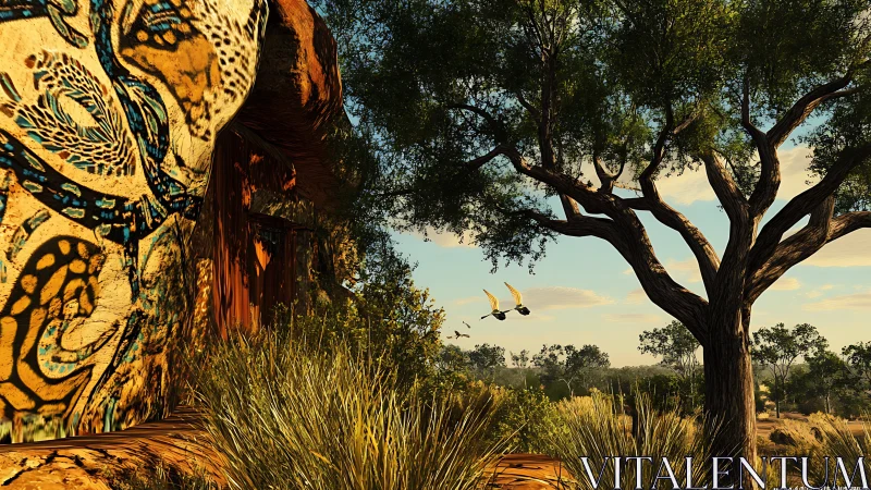 Rock painting and savanna tree rendered in warm daylight