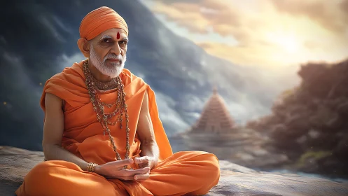 Serene orange-robed monk meditating before distant temple.