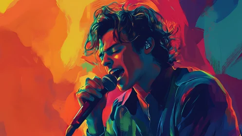 Neon storm vocalist caught mid‑note in molten color blaze.