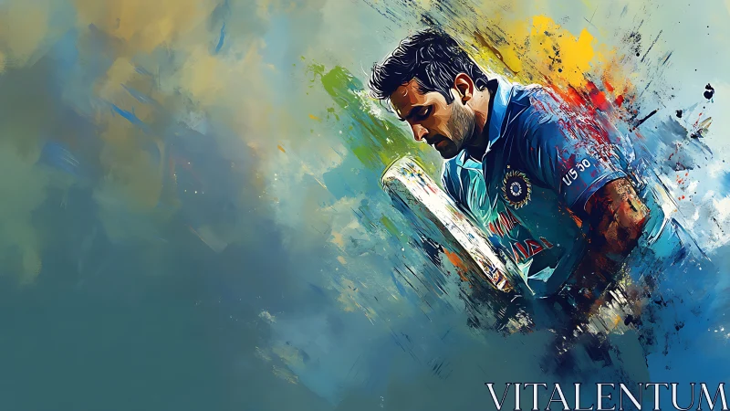 Kinetic digital painting of focused cricket batter in motion field.