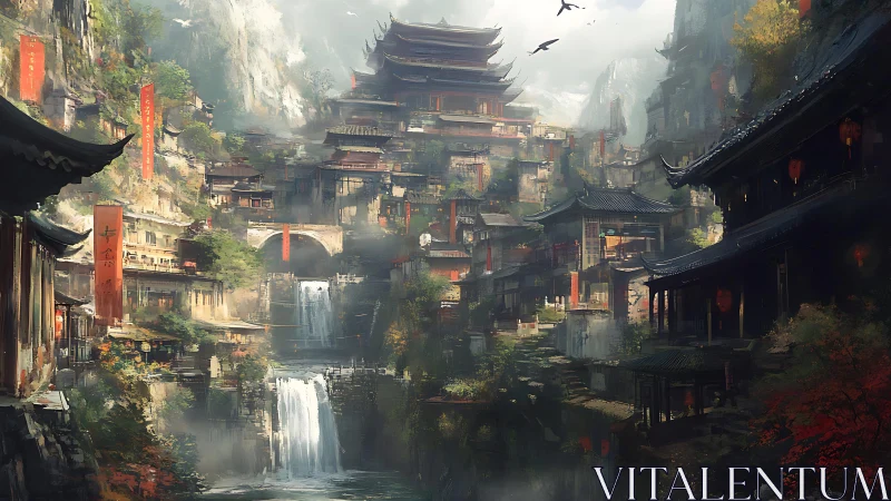 Mist-cloaked cliff city with tiered temples and silver falls.