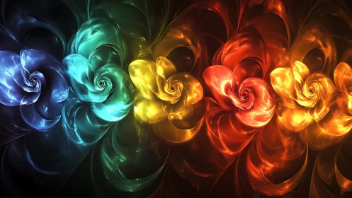 Spectral fractal vortices forming luminous chromatic flower chain.