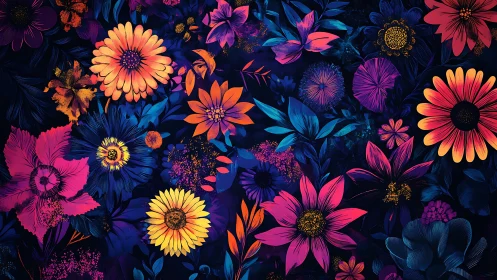 Vibrant Floral Composition: Digitally Rendered Botanical Array with Contrasting Chromatic Spectrum.