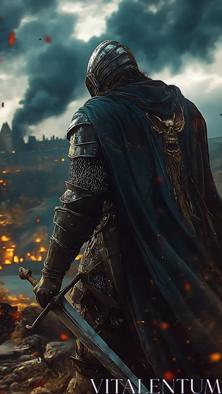 Armored knight with longsword surveying incendiary siege zone.