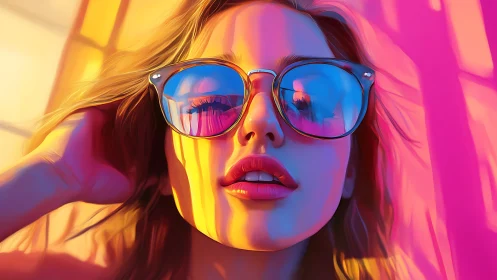 Neon-lit close-up portrait with reflective sunglasses and bold color fields.