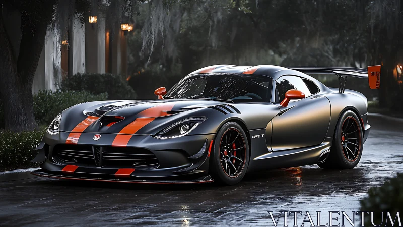 Matte black sports car with orange racing stripes at dusk.