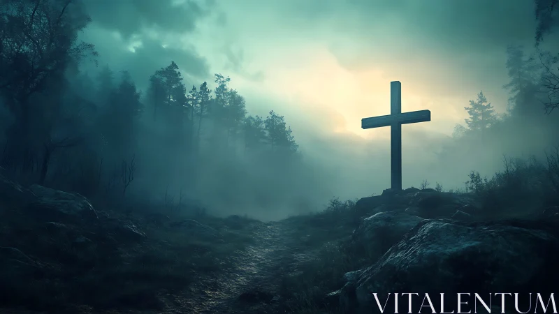 Dawn mist gathers around a lone forest cross on the hilltop.