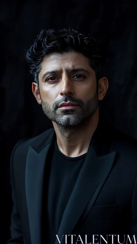 Moody studio portrait of contemplative man in black blazer.
