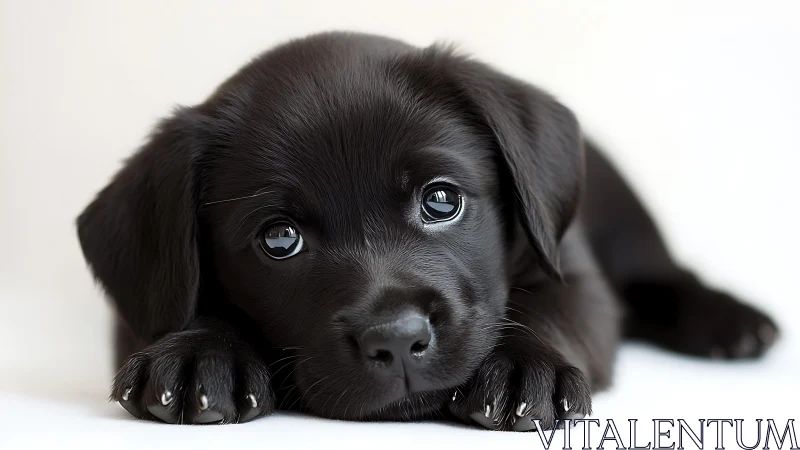 Black labrador puppy resting on white background surface