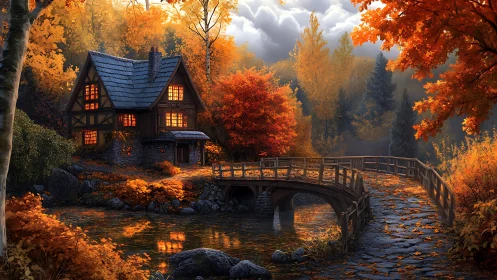 Autumnal riverside cottage with arched stone bridge illumination.