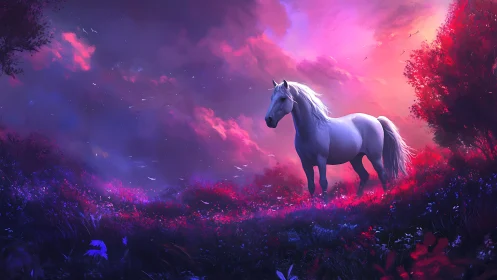 Starlit meadow steed under electric violet dusk sky.