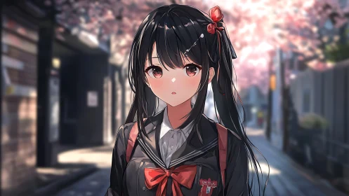 Softly lit anime schoolgirl beneath blooming cherry trees.