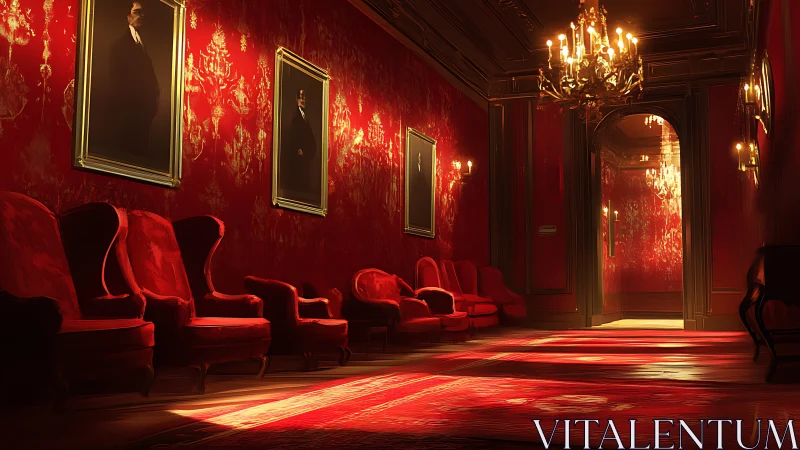 Velvet chairs and watchful portraits hold court in red twilight