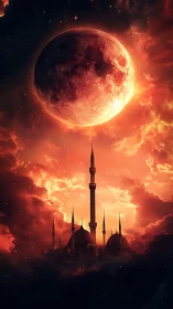 Blood moon crowns a dreaming sky palace of minarets.