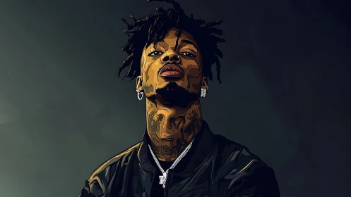 Vector portrait of male figure with tattoos on dark ground.