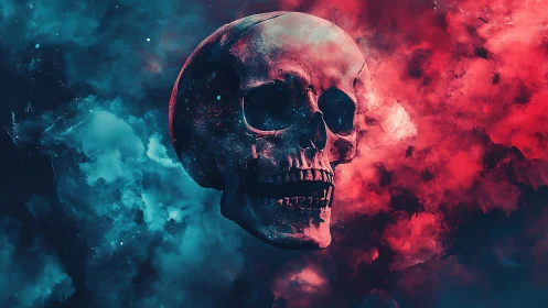 Human skull centered in contrasting red and blue nebula field.