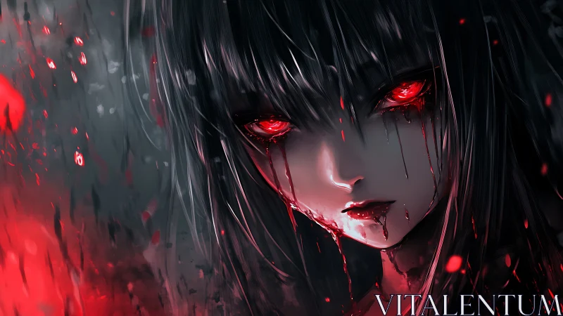 Dark anime girl with glowing red eyes and blood splatter.