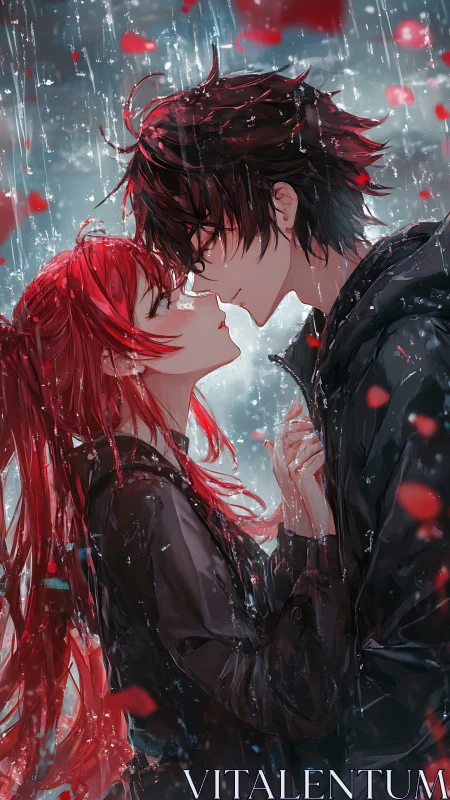 Rain-soaked anime lovers sharing a tender kiss moment.