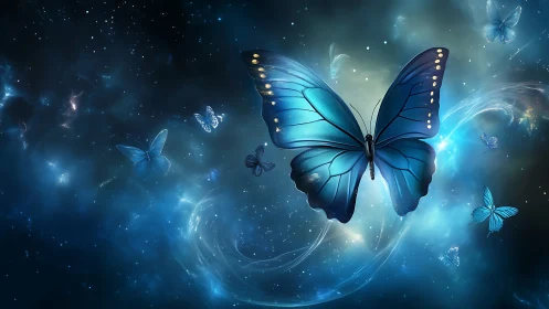 Celestial blue butterfly swarm in ethereal nebula spacescape.