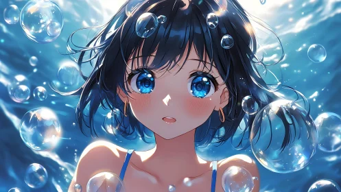 Blue eyed anime girl underwater surrounded by bubbles.