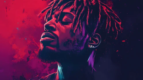 Neon-lit portrait of contemplative man in vivid magenta glow.