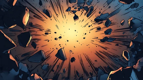 Rocky explosion radiates dynamic force and glowing energy.