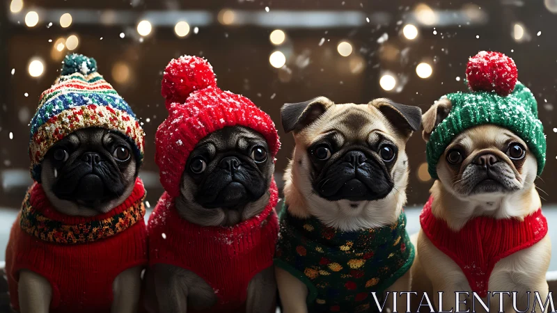 Festive pug quartet bundled in cozy winter sweaters and hats.